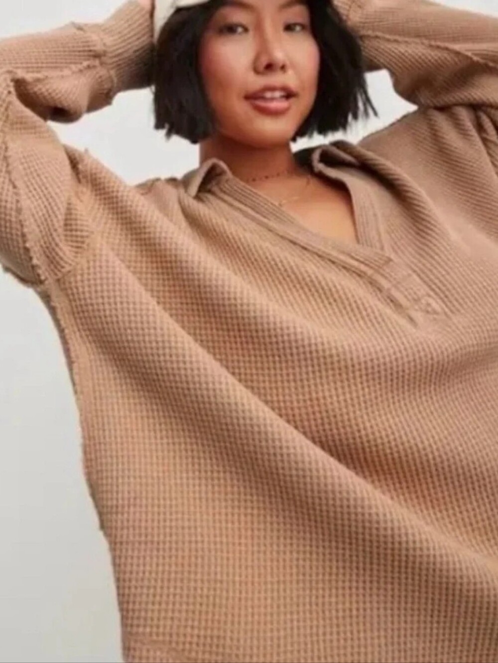 Aerie LumberJane Waffle Polo Oversized Sweater in Toasted Size XS